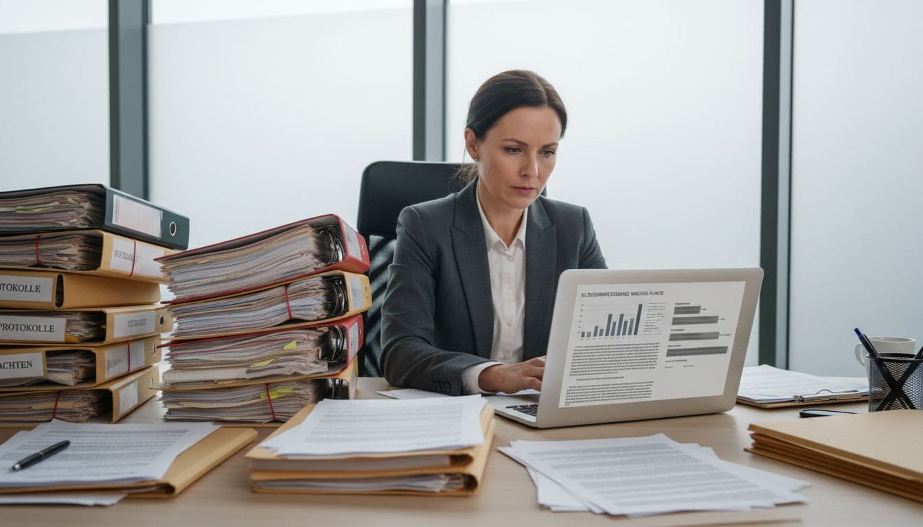 German lawyer sits at modern office desk with stacks of legal files, protocols, reports, and laptop displaying overview.