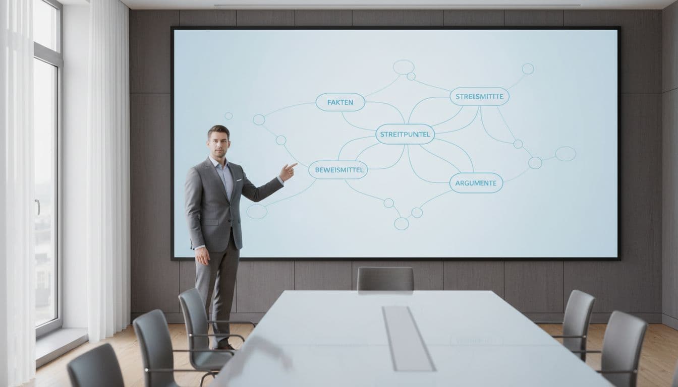 Lawyer in business attire gestures before a large digital screen displaying a mindmap of legal facts, disputes, evidence, and arguments in a modern meeting room.