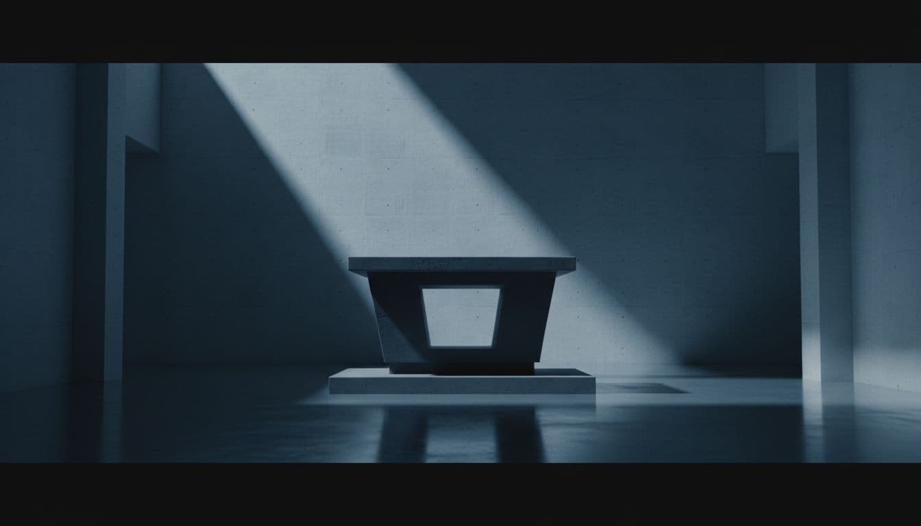 Empty podium in minimalist courtroom with stark light and shadow contrasts.